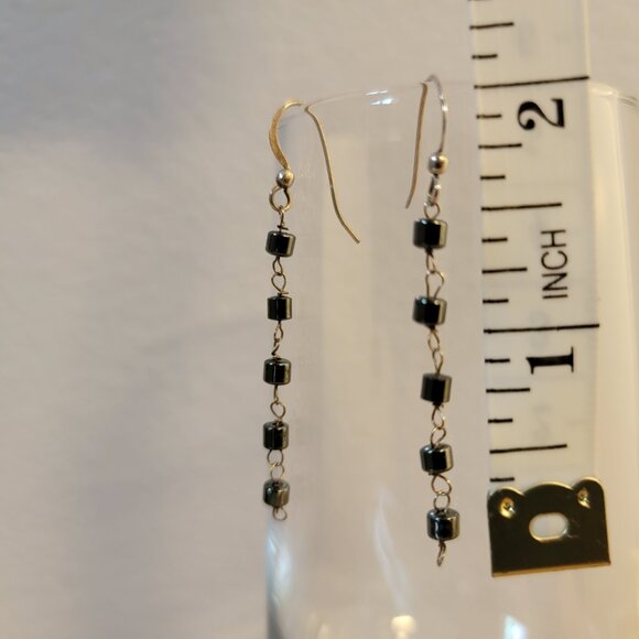 Black Earrings Dangle Drop, Black Beaded Gem Elegant Lightweight Silver Tone - Picture 3 of 5